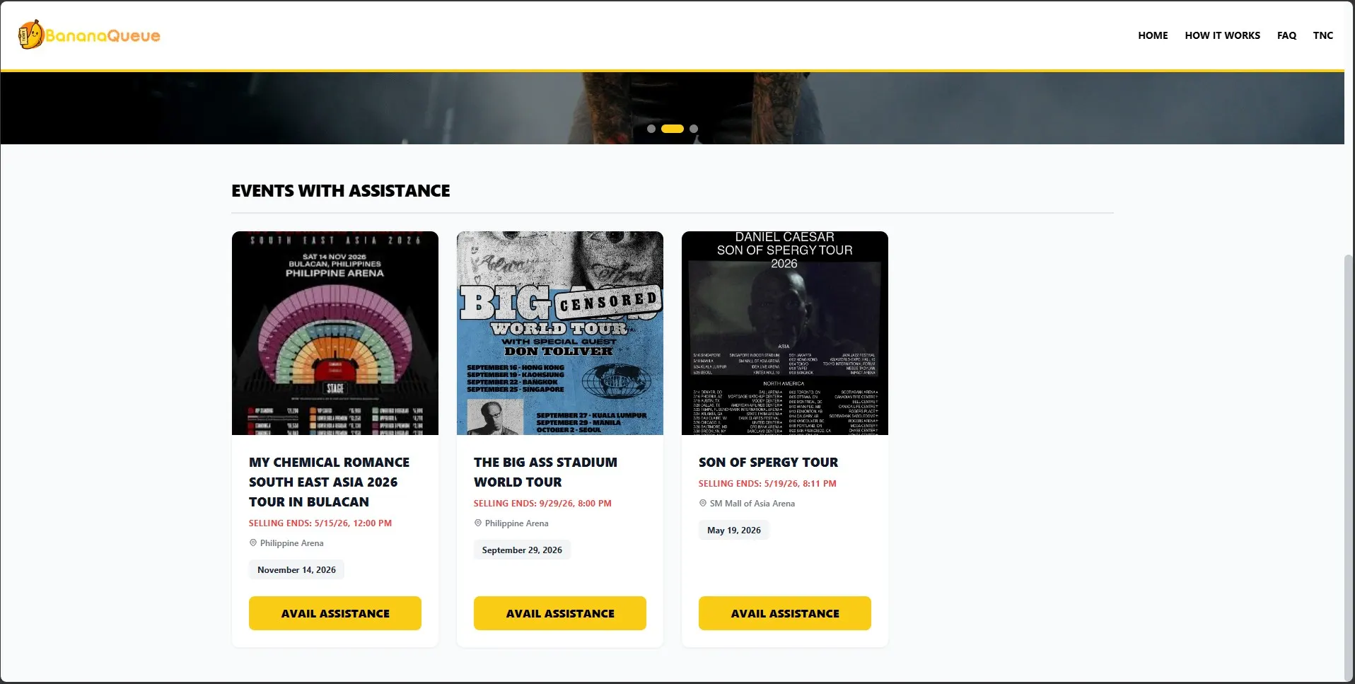 Bananaqueue Events With Assistance section with concert ticket-assistance cards