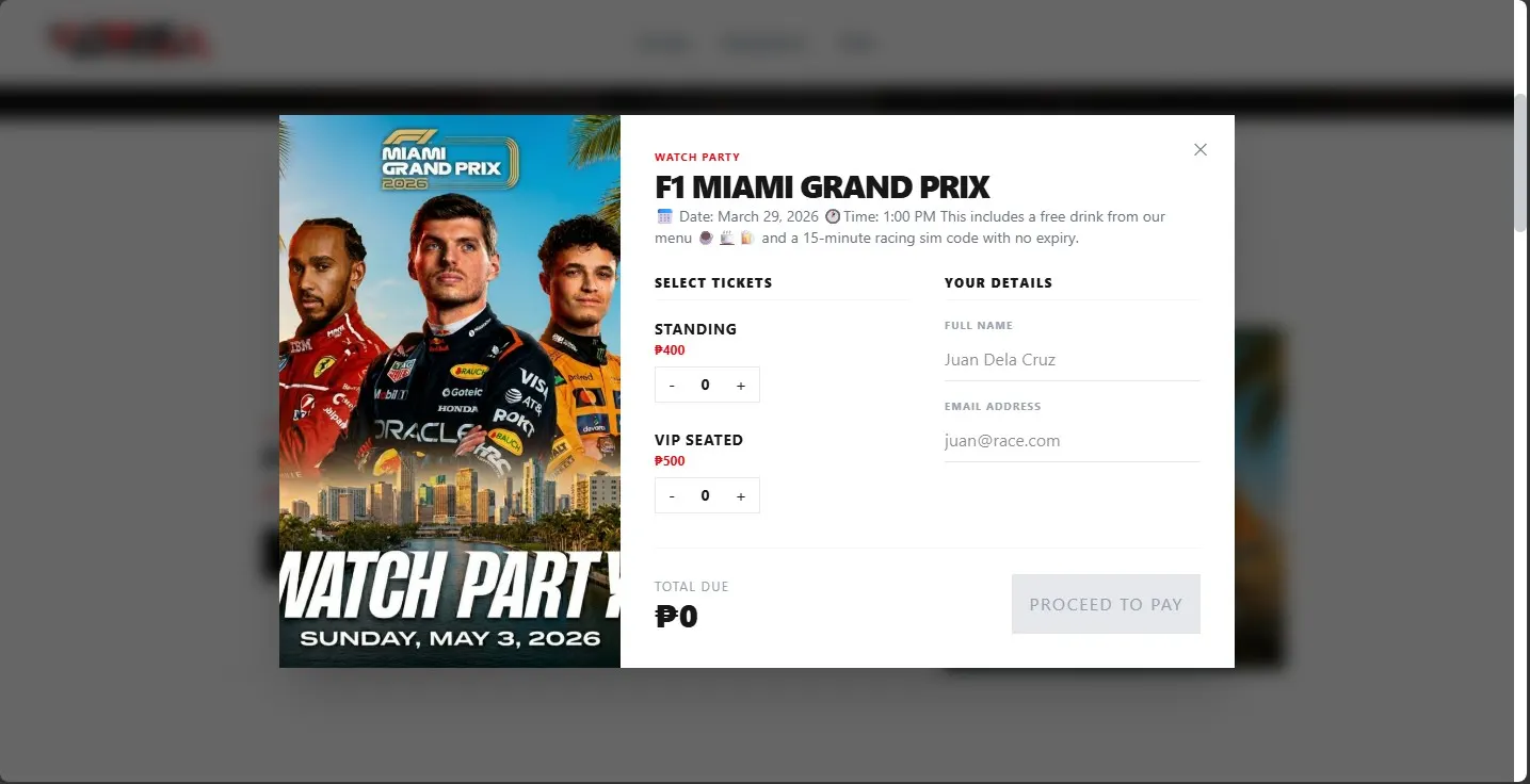 Korsa Cafe F1 Miami Grand Prix watch party ticket selection with standing and VIP options