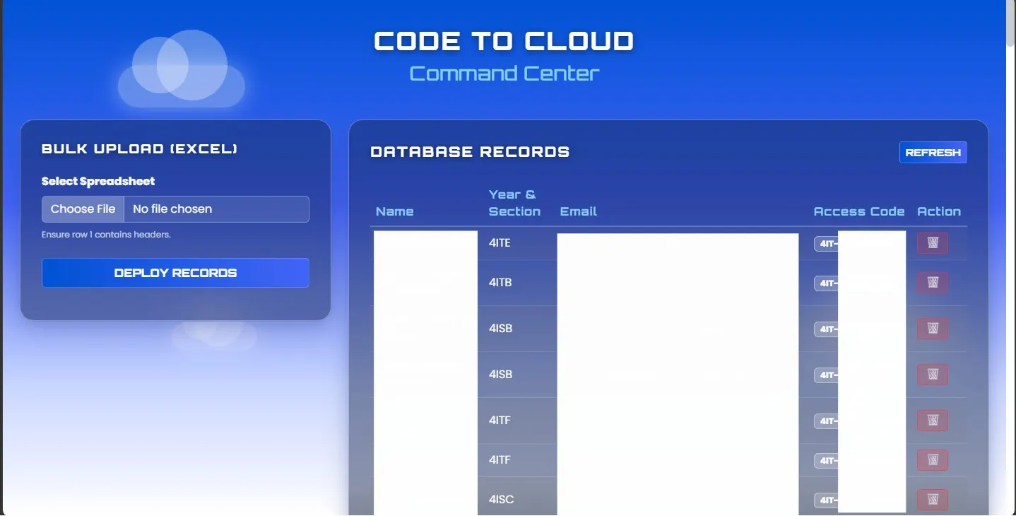 Command center for bulk-uploading attendee records and access codes